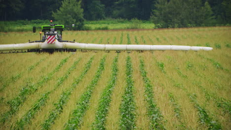 Pulverizador-Moviéndose-A-Través-Del-Campo-De-Maíz,-Aplicando-Protección-De-Cultivos