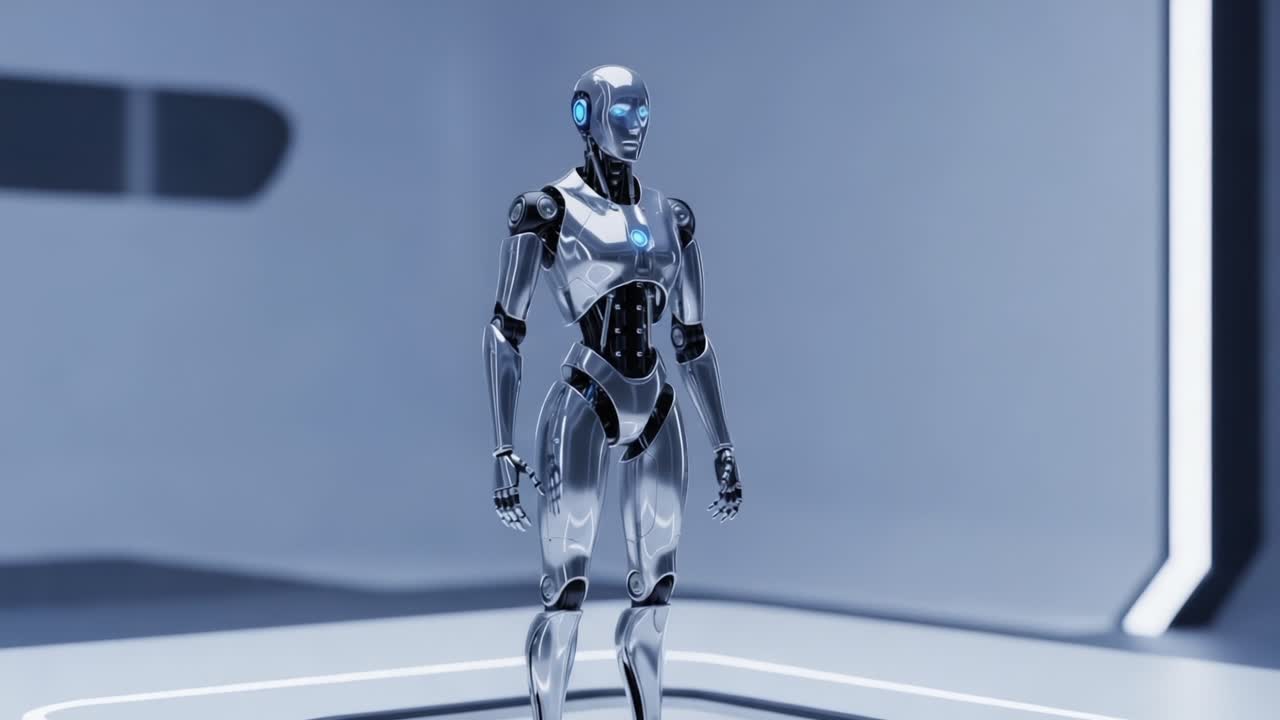 A futuristic humanoid robot stands elegantly in a sleek, high-tech environment, showcasing advanced design features and a polished metallic surface, embodying the future of artificial intelligence