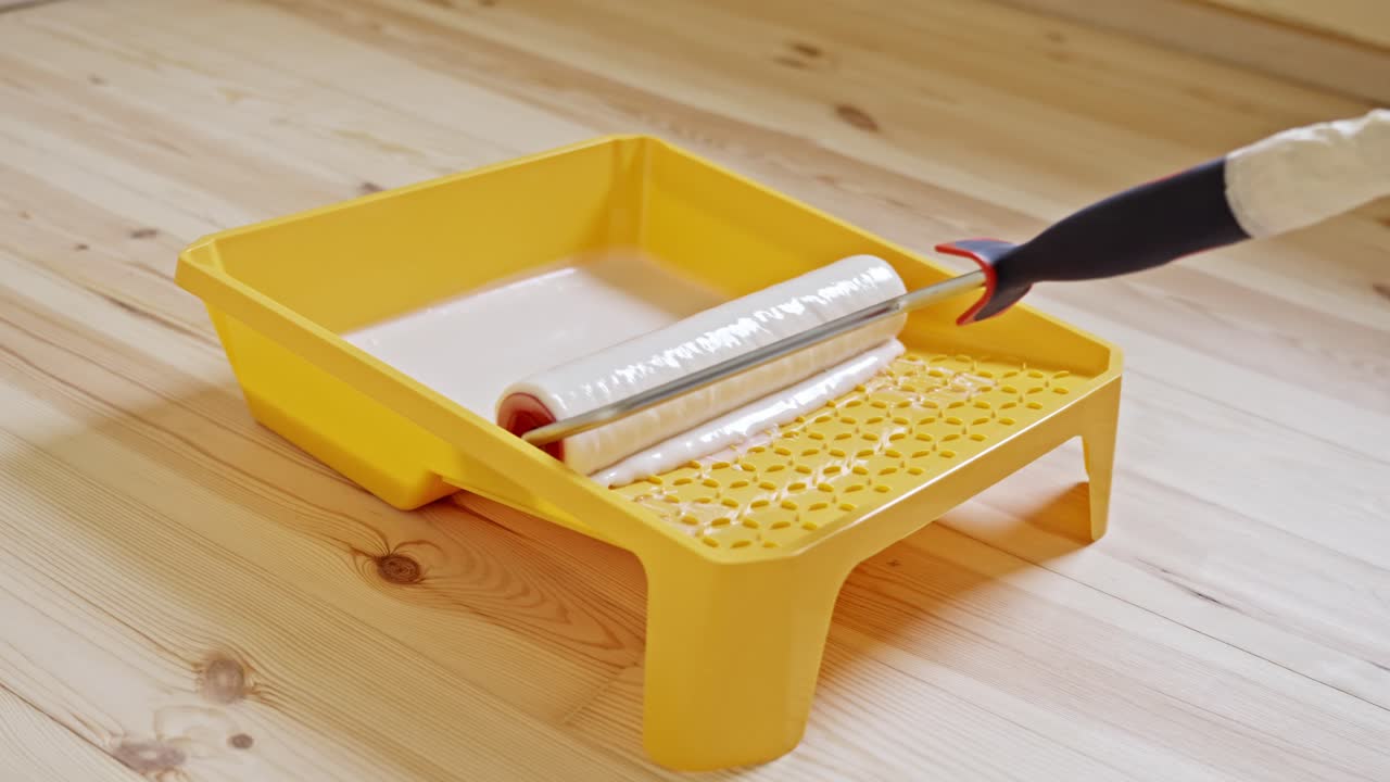 Close-up of a paint roller being loaded with wood primer from a yellow tray, preparing to coat a freshly sanded pine hardwood floor before varnish application, static camera, real-time