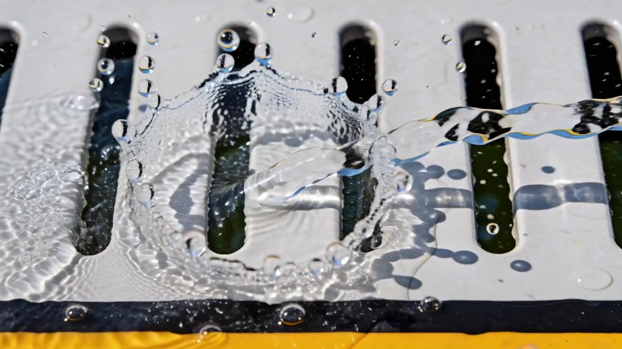 Una goccia che forma una corona mentre l'acqua scorre su una griglia bianca a bordo piscina verso una striscia gialla