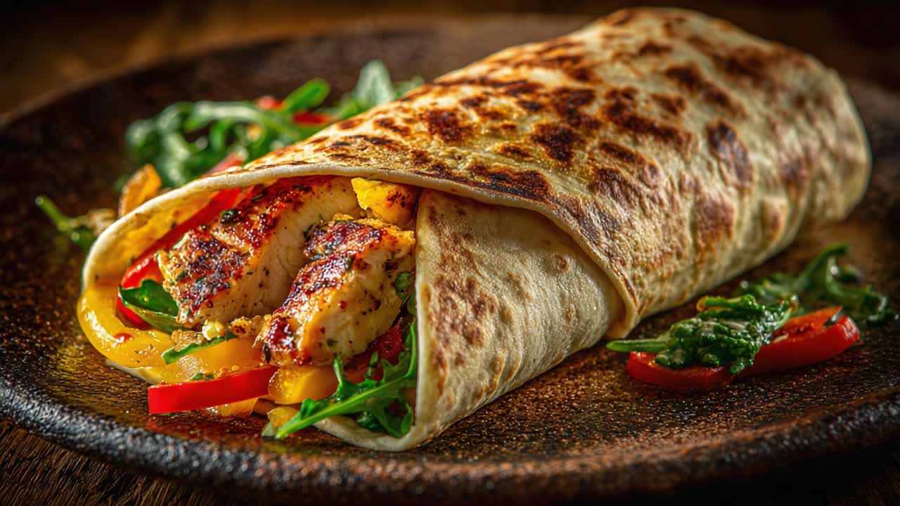 Delicious Grilled Chicken Wrap Featuring Colorful Vegetables and Fresh Greens, Perfectly Rolled in a Soft Tortilla on a Rustic Plate