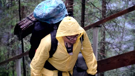 hiker climbing wooden stairs in a forest during rainy weather