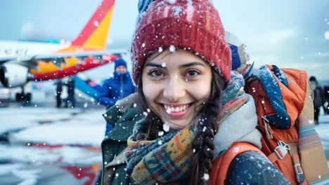 a woman in a red hat and scarf standing in front of an airplane