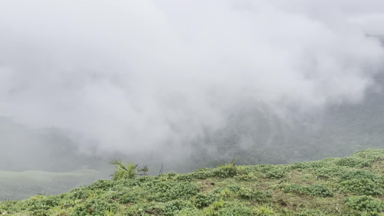 Rolling green mountains of Devarmane, Malnad, Karnataka during monsoon. Rain clouds sweep swiftly overhead, capturing the serene and dramatic beauty of the Western Ghats