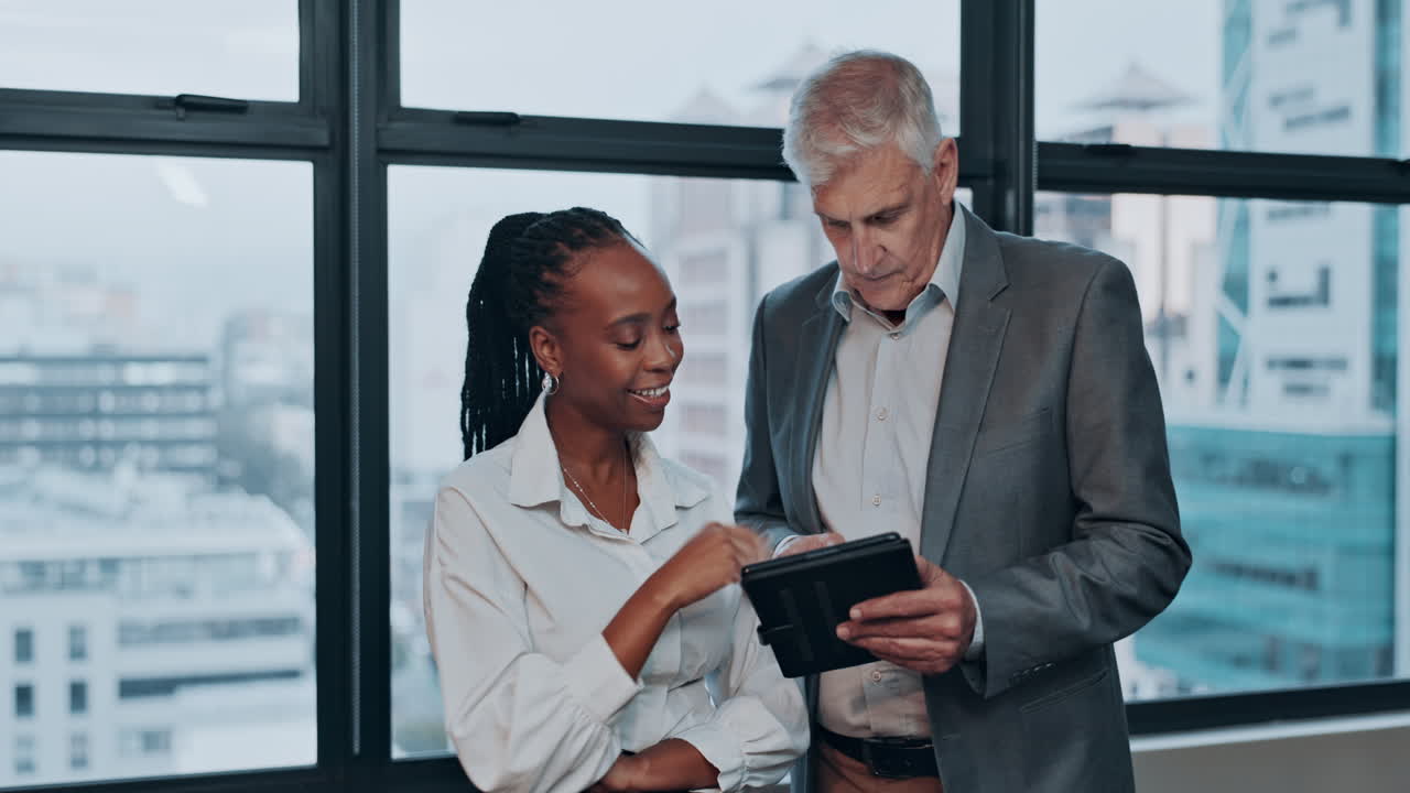 Teamwork, businessman and tablet with idea