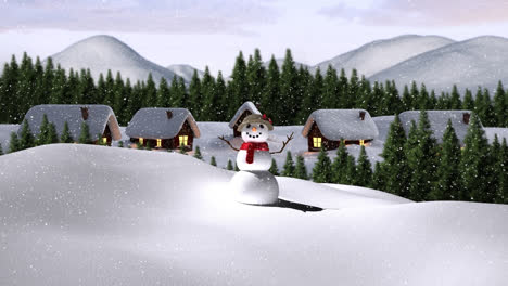 snow falling over snowwoman, multiple trees and houses on winter landscape