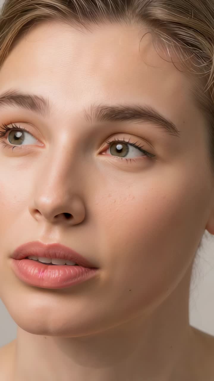 Vertical video: Blinking woman at sequence start shifting gaze left right in studio bare shoulders