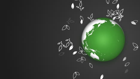 green miniature planet earth rotating on a gray background. plant ornament with leaves. looped animation with empty space for text.