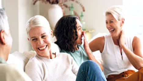senior women, friends and reunion at home talking