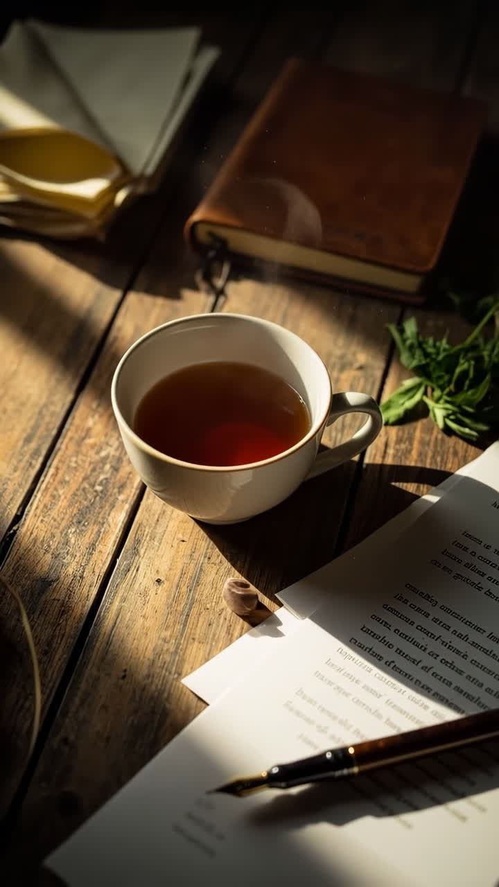 Cozy Still Life of Tea, Book, and Papers on a Wooden Table in Sunlight