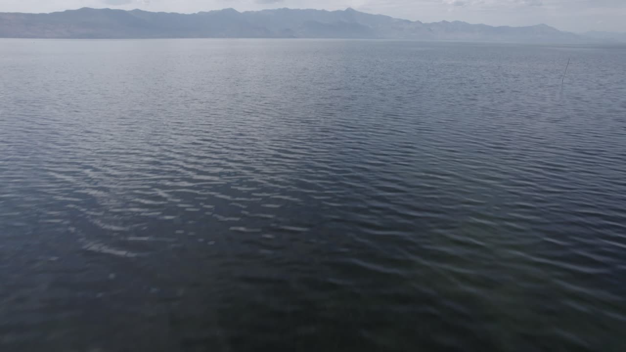 알바니아의 스카다르 호수 위에 드론이 있는 비디오, 몬테네그로 산맥의 수평선과 함께 물에서 높이까지 올라가는 설명적인 정면 평면