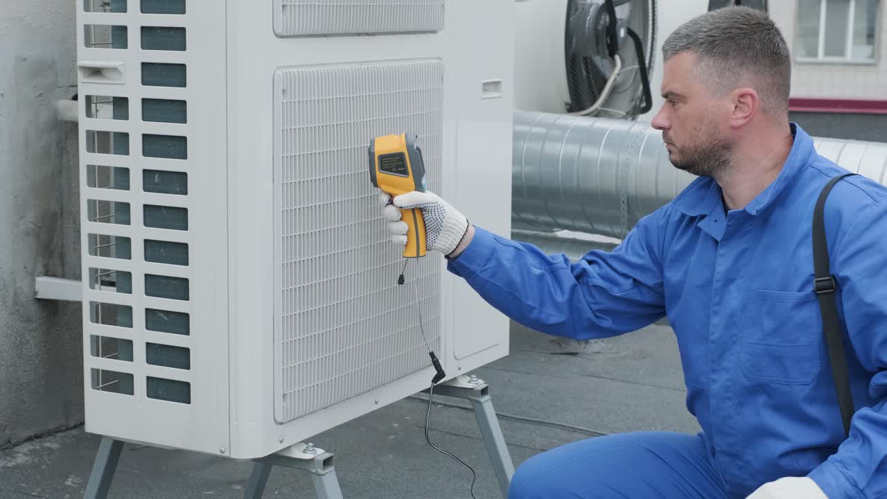 Technician uses a thermal imaging infrared thermometer to check the condensing unit heat exchanger
