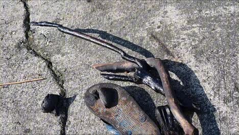 black oil covered marine debris, flotsam that washed up on the shore of lazarus island in singapore due to an oil spill