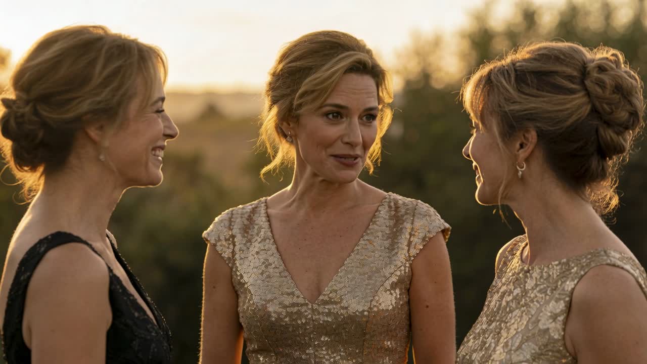 Mujer central comenzando una historia, con mujeres a los lados escuchando y sonriendo bajo la luz dorada del exterior, vestidas con trajes dorados.