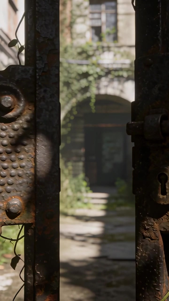 Vertical video: Revealing rusted gate opening as camera approaching sunlit courtyard, exposing arch