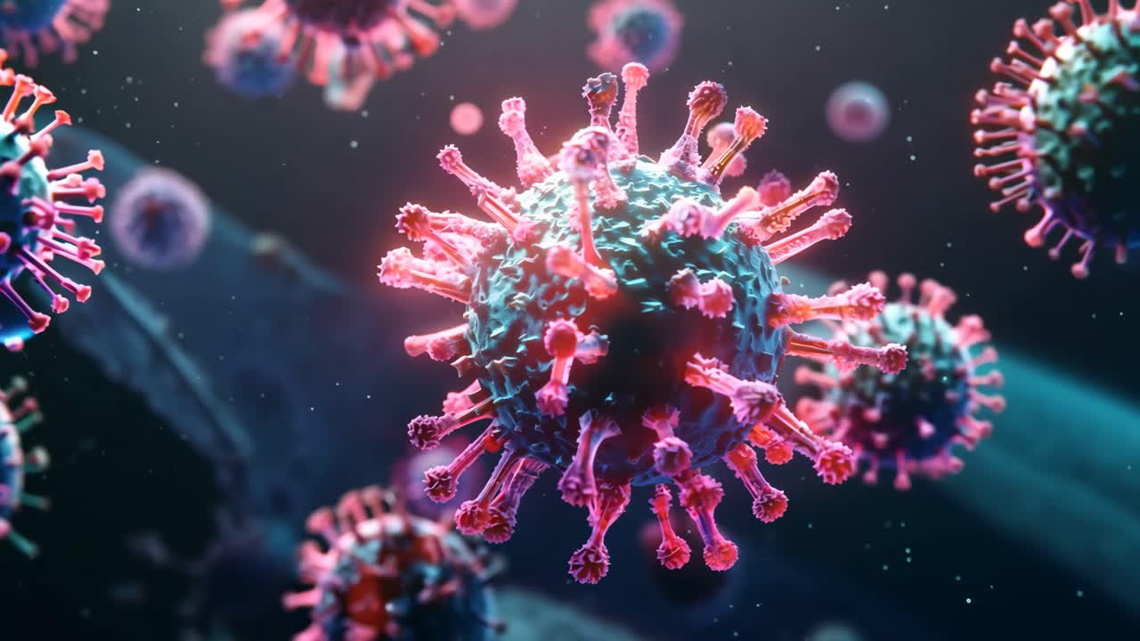 A close up of a virus with pink and green colors. The virus is surrounded by a pink and green background