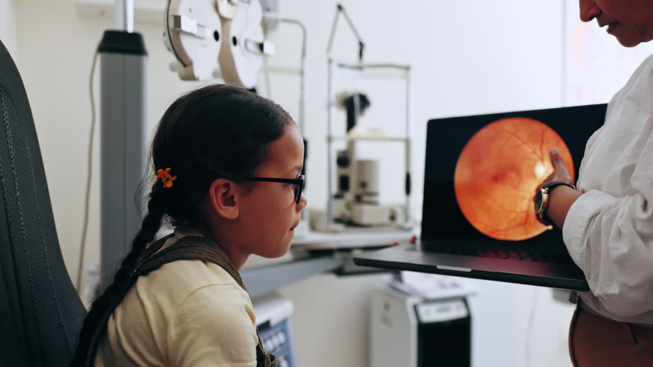 Child, ophthalmologist and woman with laptop