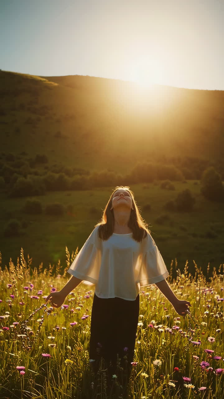 mujer en un campo al atardecer