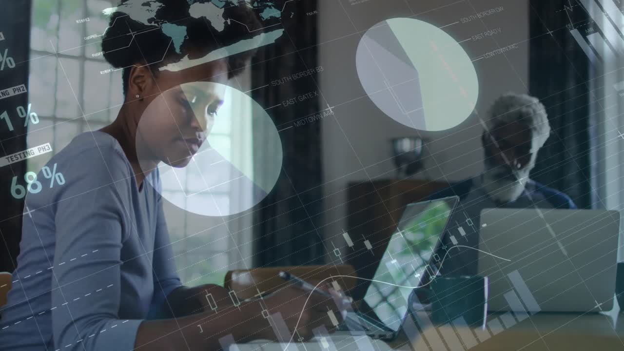 Animation of financial data processing over african american father and adult daughter using laptops