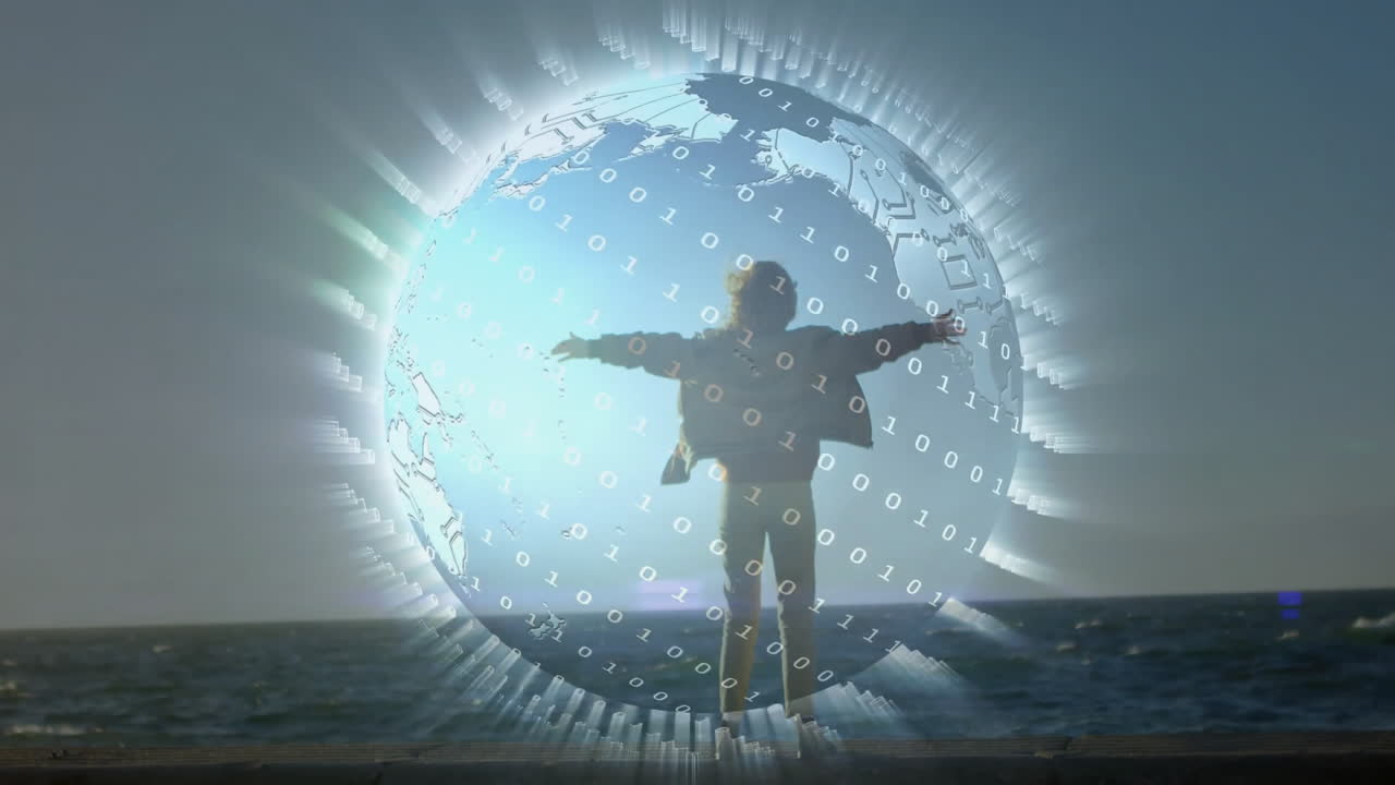 woman raising arms on shore, celebrating technology with glowing binary and circuit globe overlay