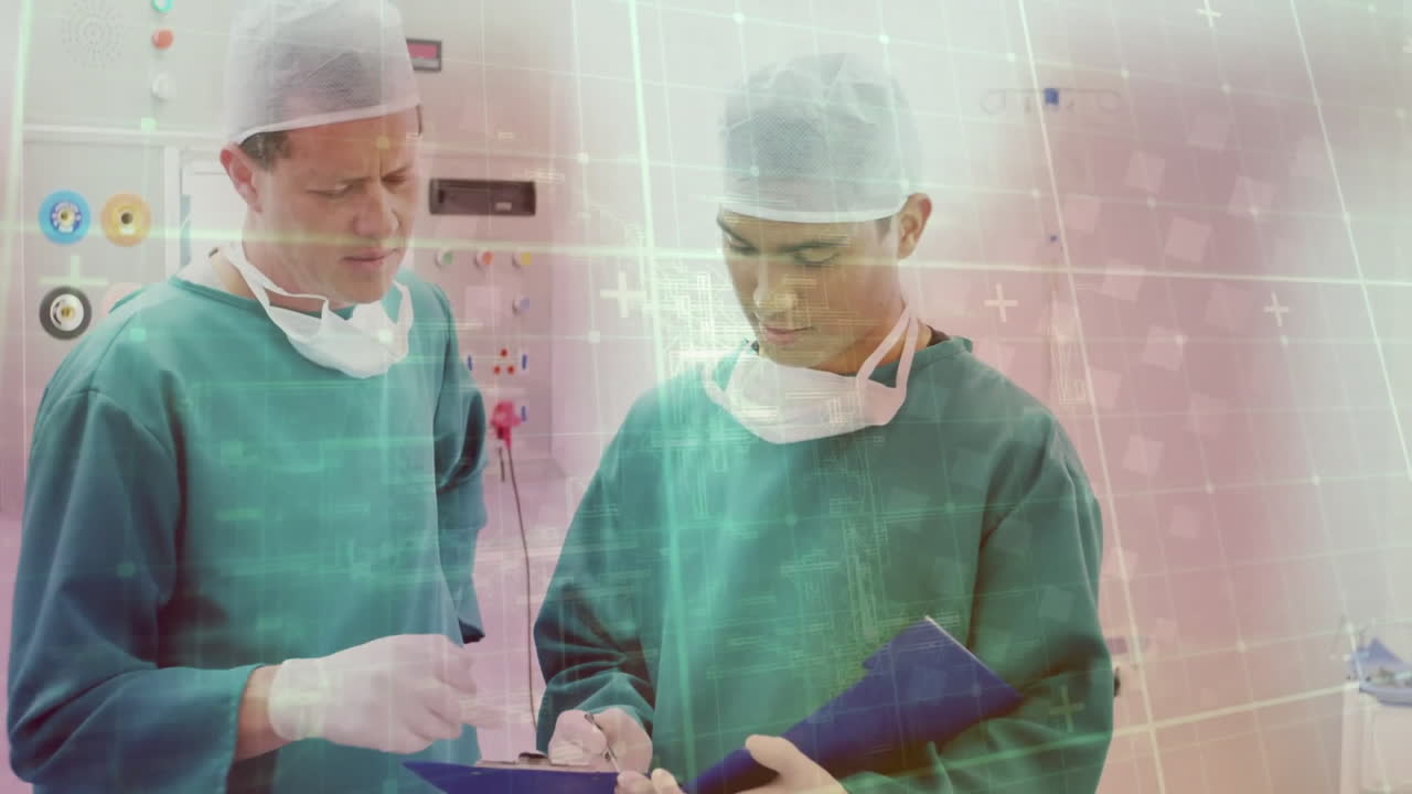 백인 남성 외과 의사들이 극장에서 노트를 논의하는 데이터 처리의 애니메이션