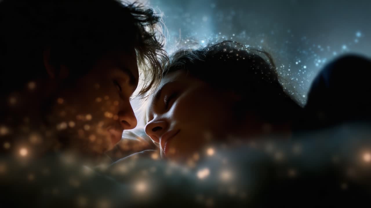 Ein fesselnder intimer Moment zwischen zwei Liebenden, verstärkt durch einen traumhaften kosmischen Hintergrund, der ihre zärtliche Verbindung und emotionale Bindung einfängt