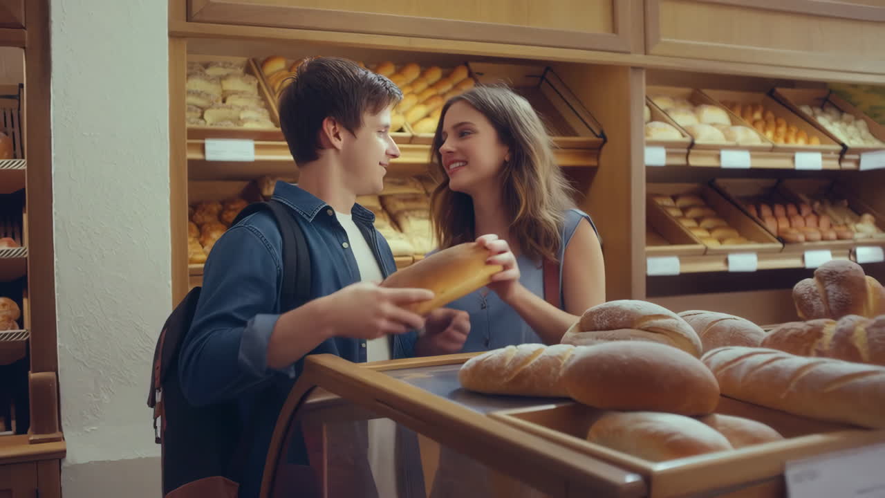 Young couple shopping for bread in a bakery