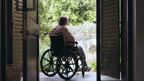 elderly man, wheelchair and back with thinking