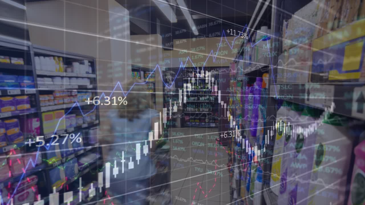 Woman pushing cart down aisle, market charts overlaying and visualizing trends while she walks