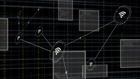animation of connected icons and computer language in squares over black background