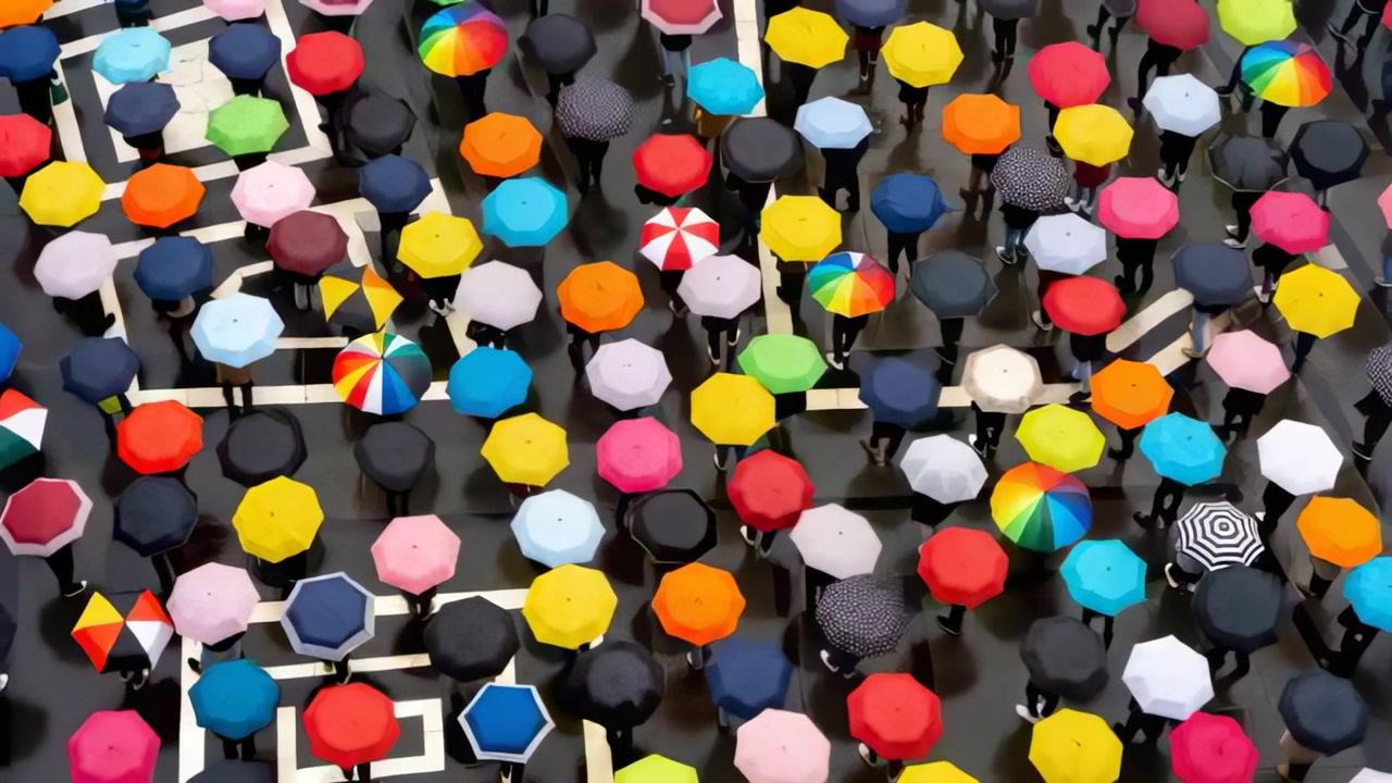 Rain falling, dense cluster of colorful umbrellas moving across wet plaza, revealing painted grid