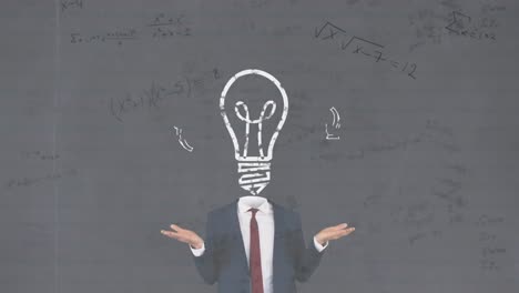Animation-of-light-bulb-and-caucasian-businessman-over-mathematical-equations-on-white-background