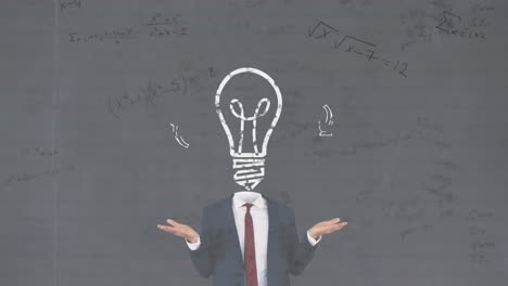 animation of light bulb and caucasian businessman over mathematical equations on white background