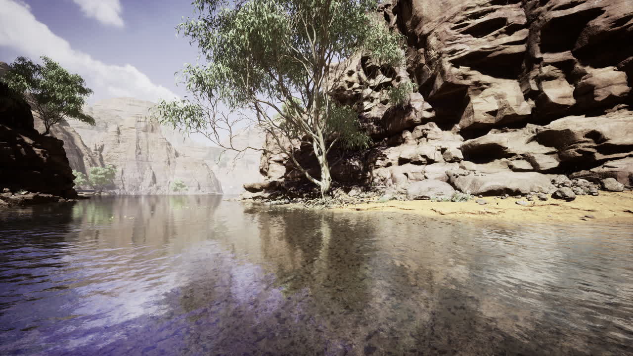 Serene riverbank surrounded by stunning rock formations and greenery