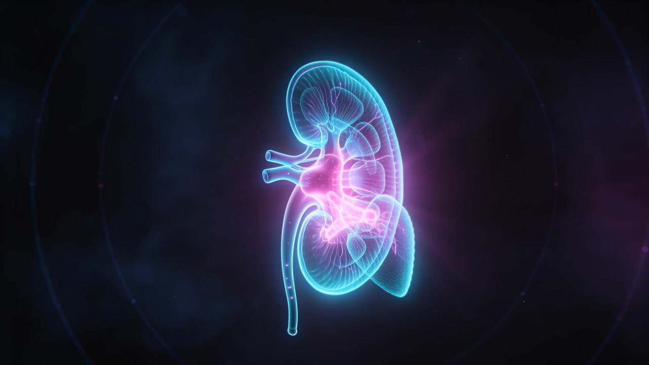 Starting holo kidney rotating pulsing in nebula showing cyan cortex magenta pelvis calyces ureter