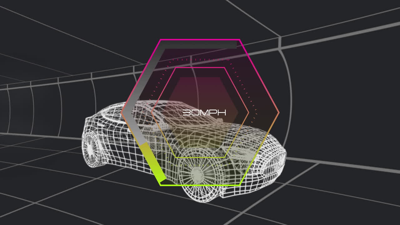 3D wireframe sports car being visualized in tunnel, featuring hexagonal HUD speed readout 30 MPH