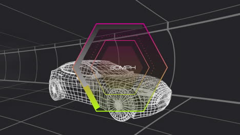 3d wireframe sports car being visualized in tunnel, featuring hexagonal hud speed readout 30 mph