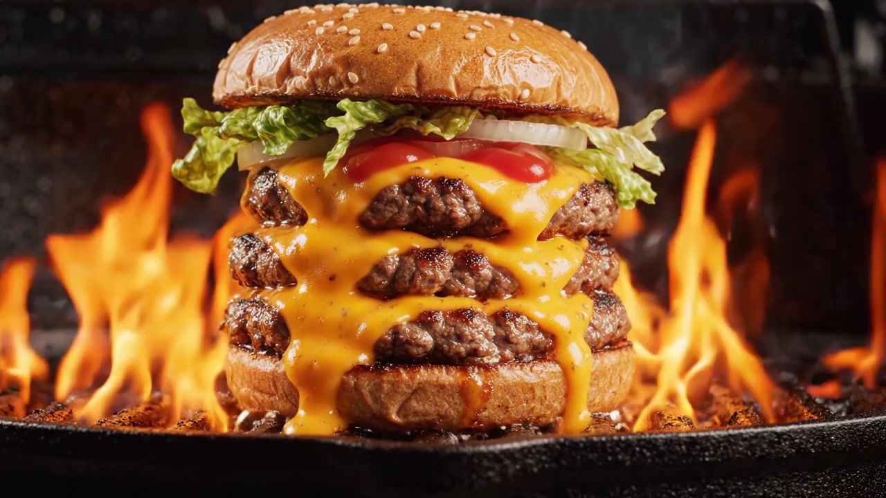 Un triplo cheeseburger sfrigolante con formaggio fuso e ingredienti freschi che accende il piacere culinario tra le fiamme sulla griglia.