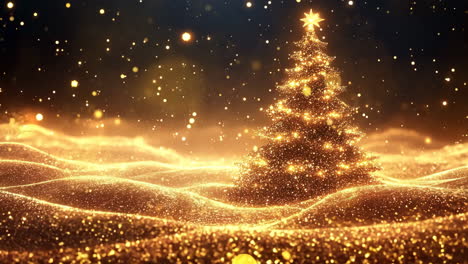 A Christmas tree is lit up in a snowy field. The scene is warm and inviting, with the tree standing out against the white snow
