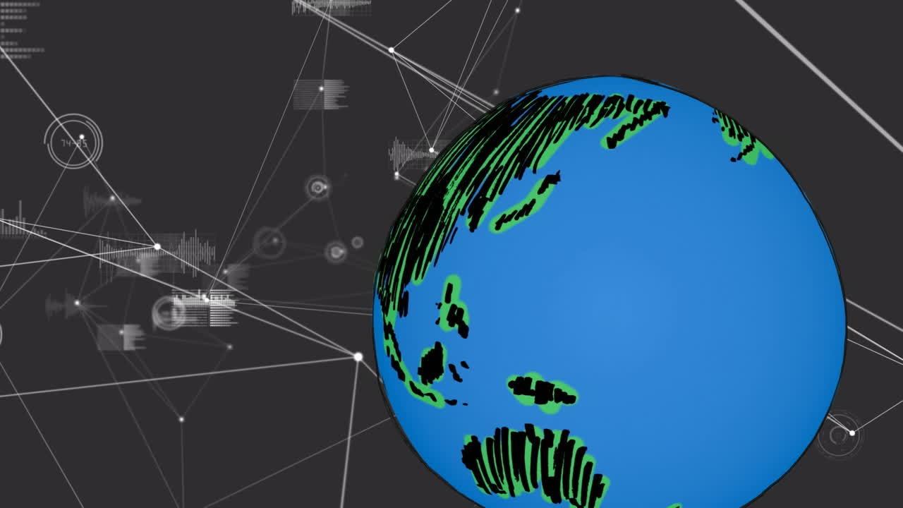 Animation of globe over network of connections and data processing on black background