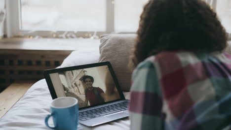 video call with a friend in a cozy bedroom