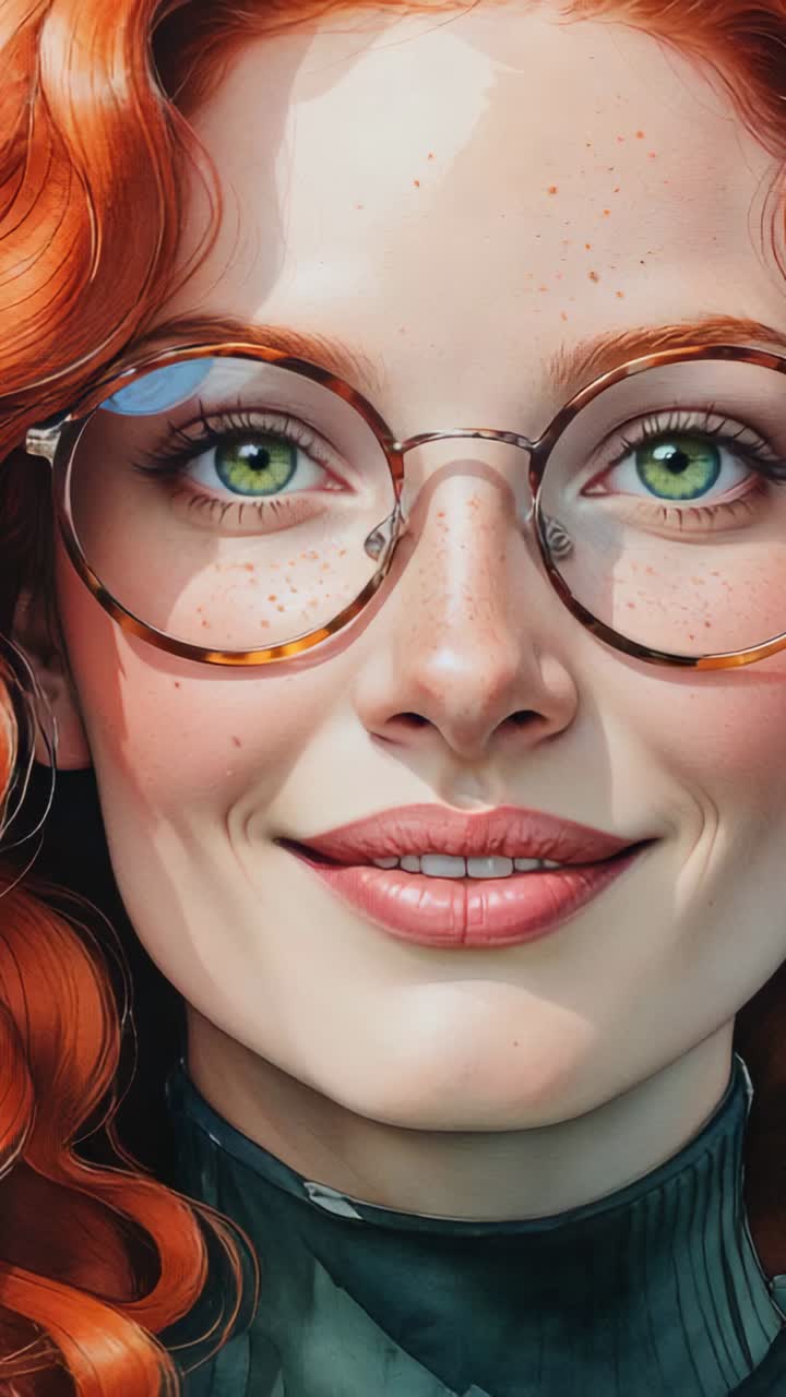 Vertical video: Smiling redhead model parting lips during zoom for headshot, in glasses, green top