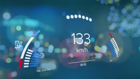 Animation-of-electric-car-speedometer-data-processing-over-city