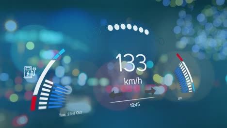 animación del procesamiento de datos del velocímetro de coches eléctricos sobre la ciudad