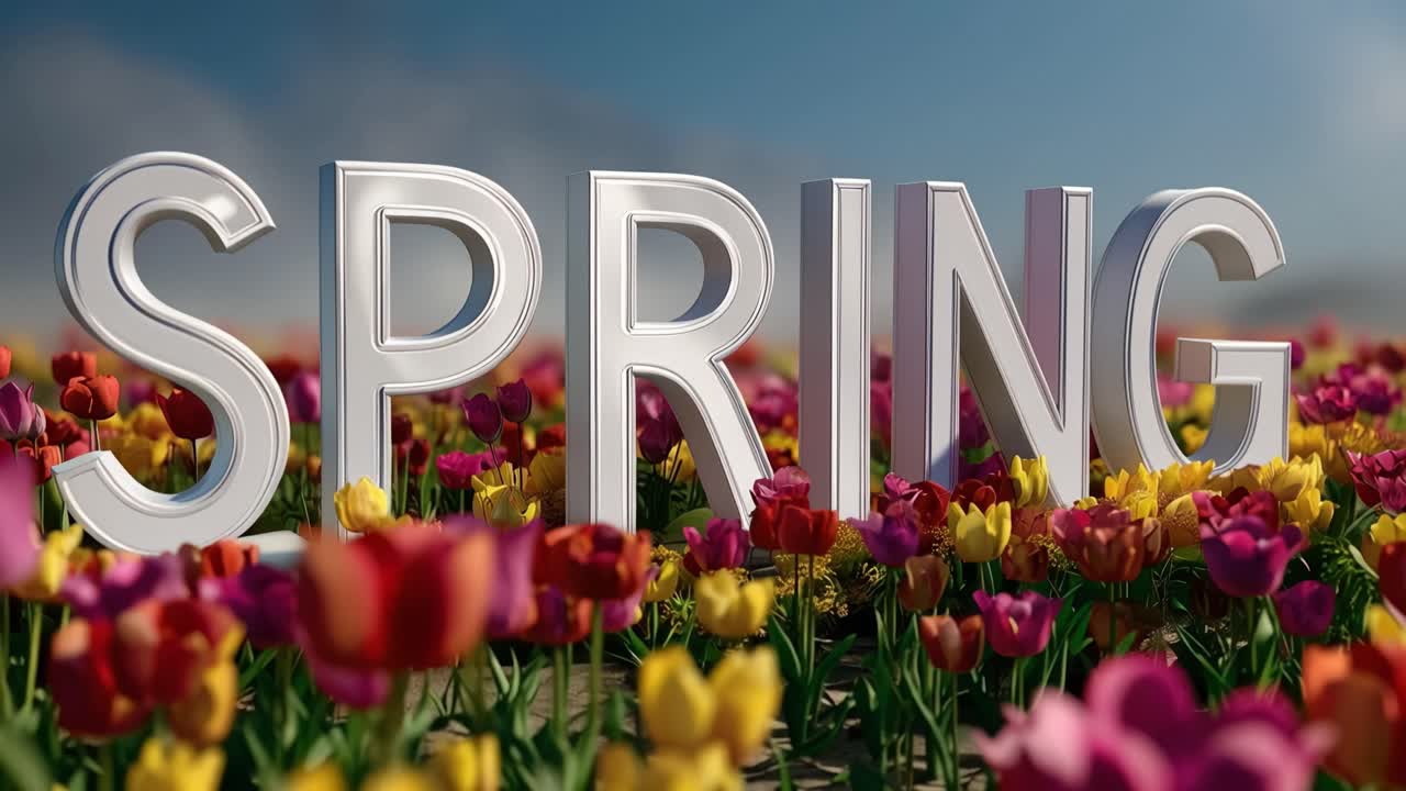 Spring blooms surround bold white letters. Vibrant tulips stretch beneath a soft blue sky. The word "Spring" glows with cheerful energy. Nature awakens with color and warmth