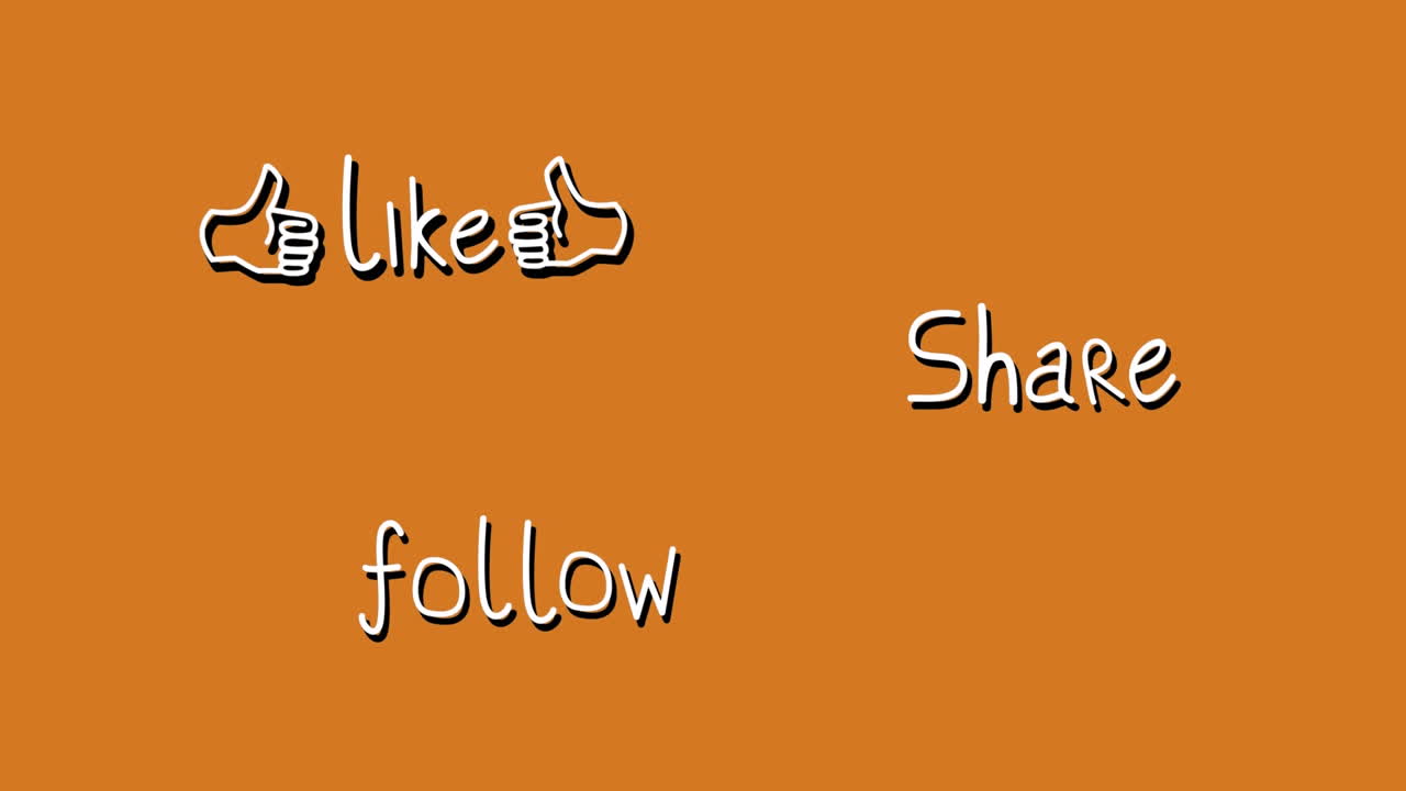 Animation of words Share Follow and Like flickering on orange background