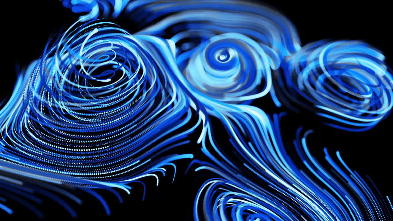 Abstract 3d looped background with lines form swirling pattern like curle noise with light streaks. Flow of particles forms curled lines like blue glow trails. Beautiful swirls of lines as abstract bg