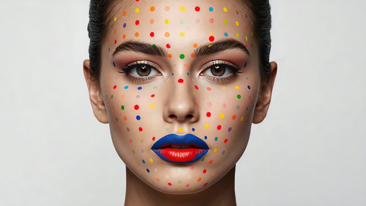 Moving camera closer while woman staying steady in studio, showing painted dots and two-tone lips
