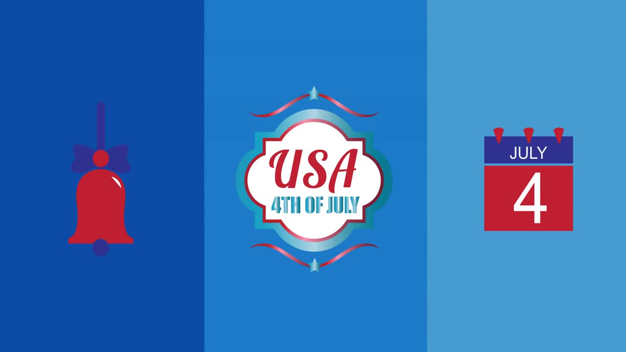 feliz día de la independencia texto sobre la campana y los iconos del calendario contra un fondo azul