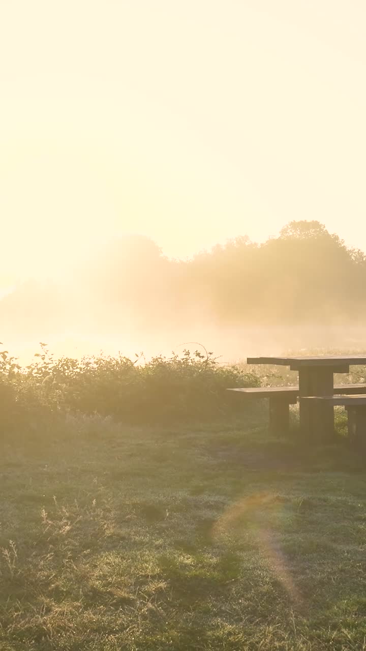 피크닉 테이블 을 가진 초원 을 가로질러 안개 가 가득 한 해가 뜨는 것